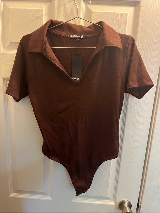 Nasty Gal Tops - Nasty Gal Chocolate Brown Ribbed Collared Bodysuit